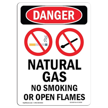 OSHA Danger Sign, Natural Gas No Smoking, 14in X 10in Rigid Plastic